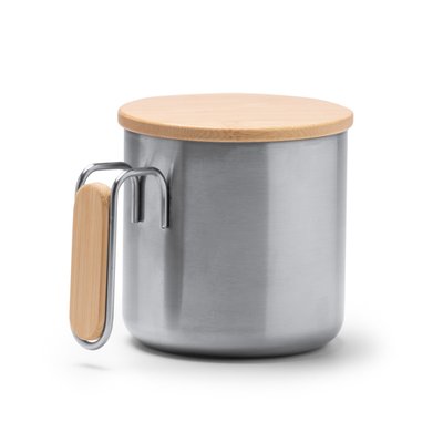 Taza de acero reciclado con asa y tapa de bambú