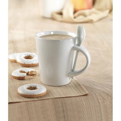 Taza cerámica blanca con cuchara de 340 ml indicada para sublimación