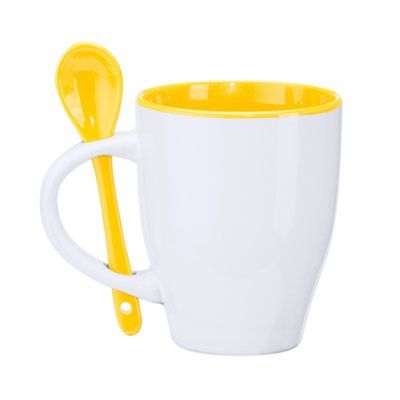 Taza de cerámica con cuchara 350 ml Blanco/Amarillo