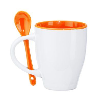 Taza de cerámica con cuchara 350 ml Blanco/Naranja Talla Única Adulto