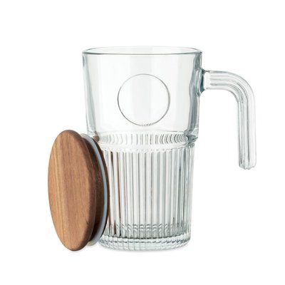 Taza de cristal 450 ml con tapa de acacia