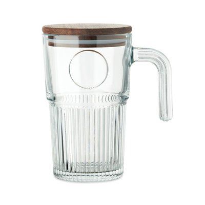 Taza de cristal 450 ml con tapa de acacia