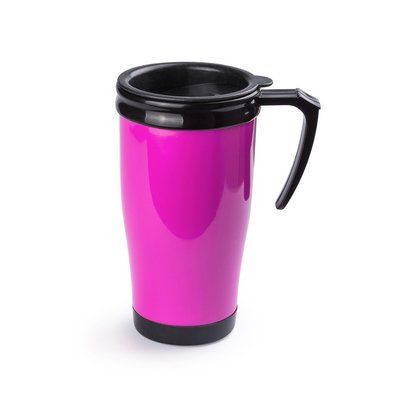 Taza de plástico con tapa de 450 ml. Fucsia