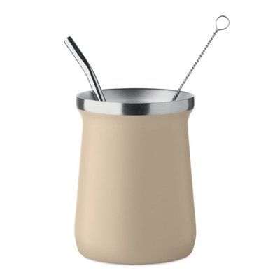 Taza doble pared para yerba mate con bombilla Beig
