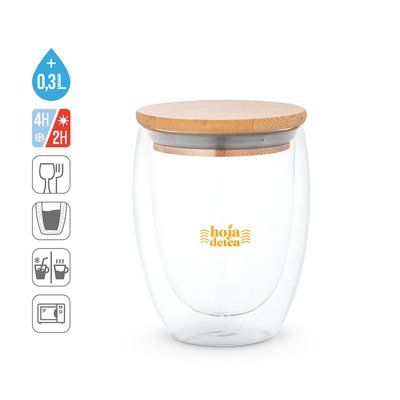 Taza de vidrio con tapa de bambú
