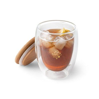 Taza de vidrio con tapa de bambú
