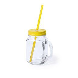 Vaso de cristal con tapa y pajita de plástico (500 ml) Amarillo