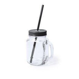 Vaso de cristal con tapa y pajita de plástico (500 ml) Negro