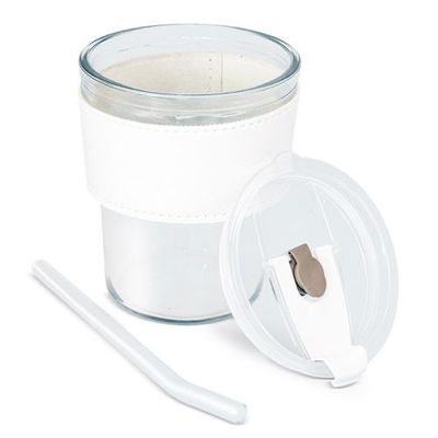 Vaso de cristal con pajita, tapa y banda de PU