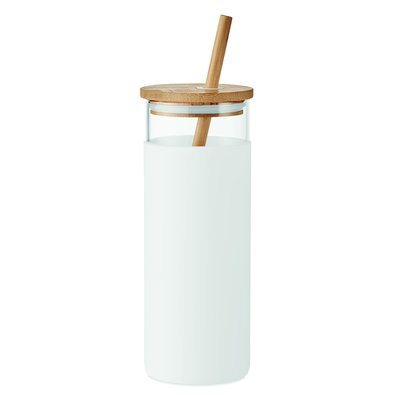 Vaso Cristal con Tapa Bambú 450ml Blanco