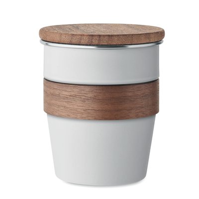 Vaso acero inox 350ml asa y tapa de nogal Blanco