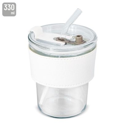 Vaso de cristal con pajita, tapa y banda de PU