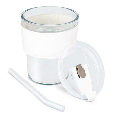 Vaso de cristal con pajita, tapa y banda de PU