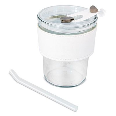 Vaso de cristal con pajita, tapa y banda de PU