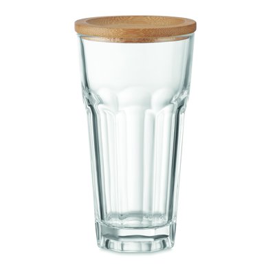 Vaso Cristal con Tapa Posavasos Bambú