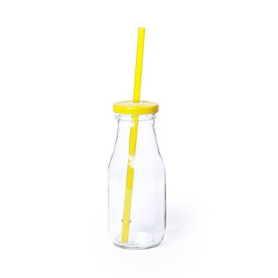 Vaso de cristal con tapa y pajita de plástico (320 ml) Amarillo