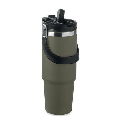 Vaso doble pared 850 ml con tapa, asa y pajita Verde Oscuro