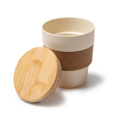 Vaso PP con banda de corcho y tapa de bambú