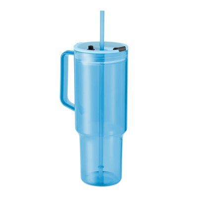 Vaso RPET con asa, tapa y pajita 1200ml Azul Claro Transparente