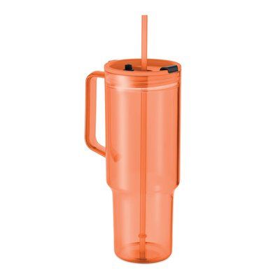 Vaso RPET con asa, tapa y pajita 1200ml Naranja Transparente