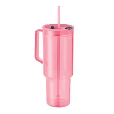 Vaso RPET con asa, tapa y pajita 1200ml Rosa Transparente