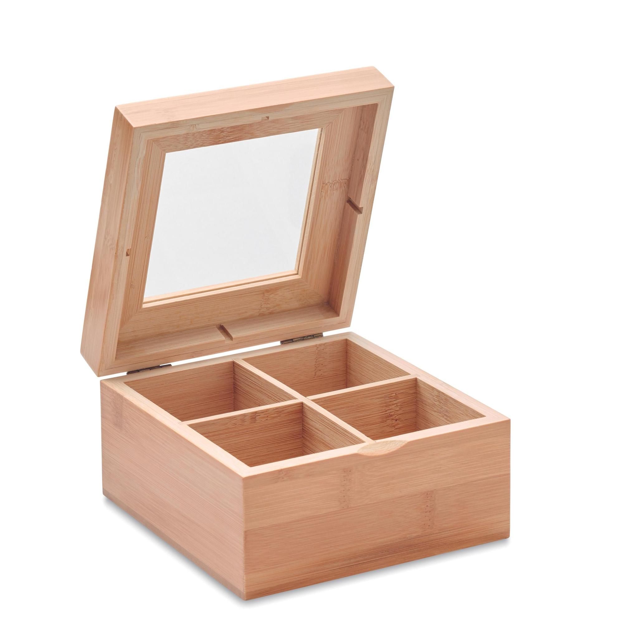 Caja madera bambou con 4 compartimentos con tapa cristal